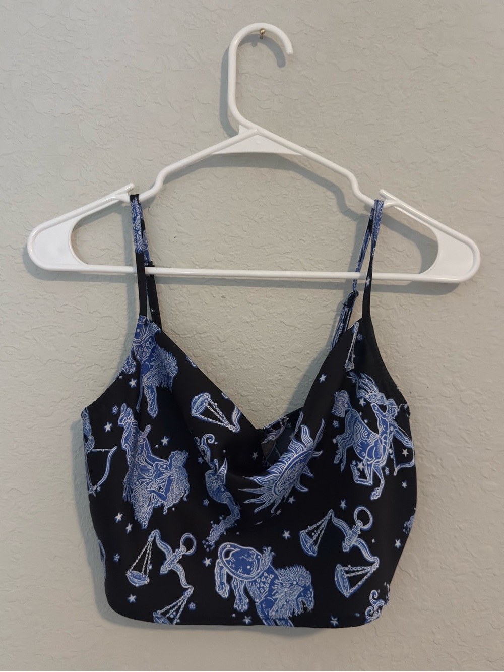 Silky Black Crop Top with Light Blue Constellation Print